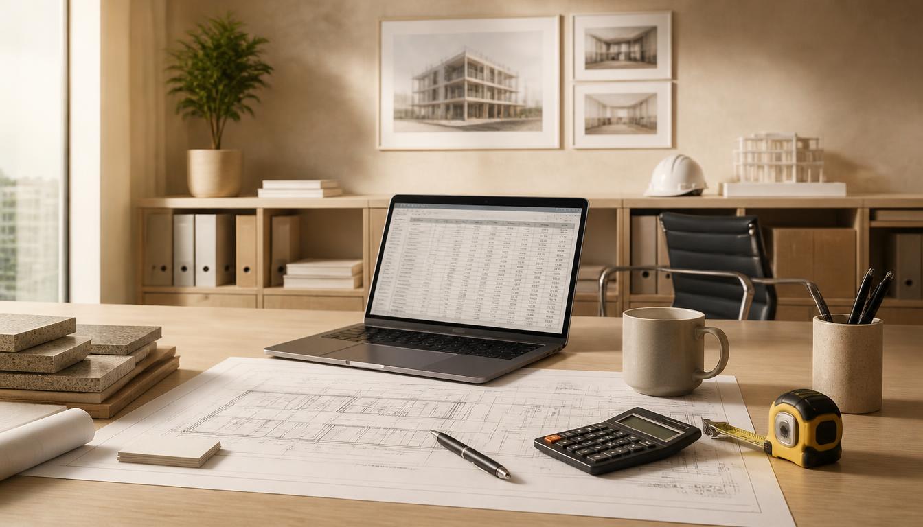 Construction estimating workspace with blueprints, laptop, and calculator
